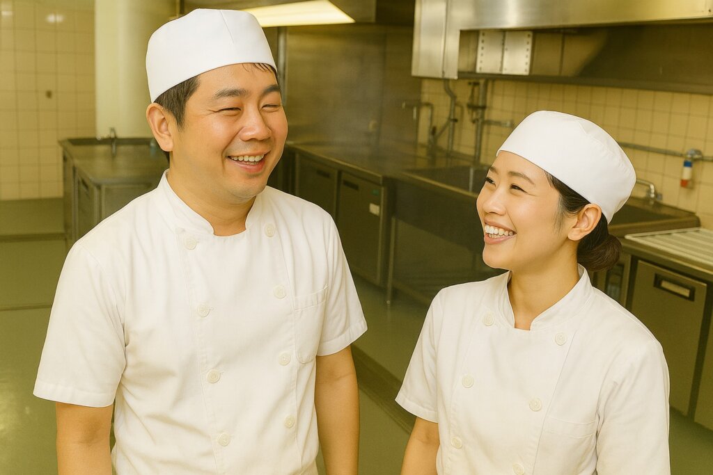調理室の環境が、さわやかなになったので、笑顔での会話が増えて微笑んでいる男女の調理師。作業効率も上がった