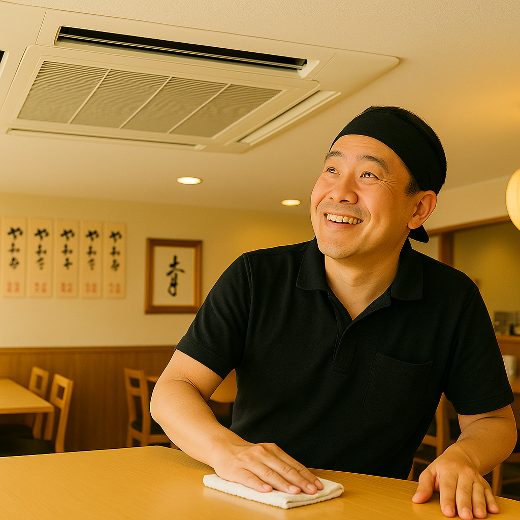 エアコンクリーニングですがすがしい環境になり、笑顔がこぼれてきた店長