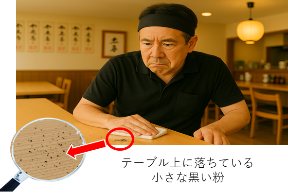 テーブル上に落ちている小さな黒い粉上の埃を見つめて不安げな顔