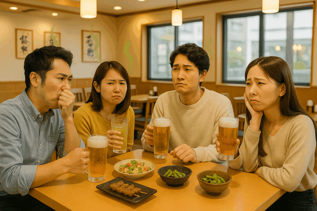 何か臭いにおいがだよっているので、不安げな顔をしている顧客たち
