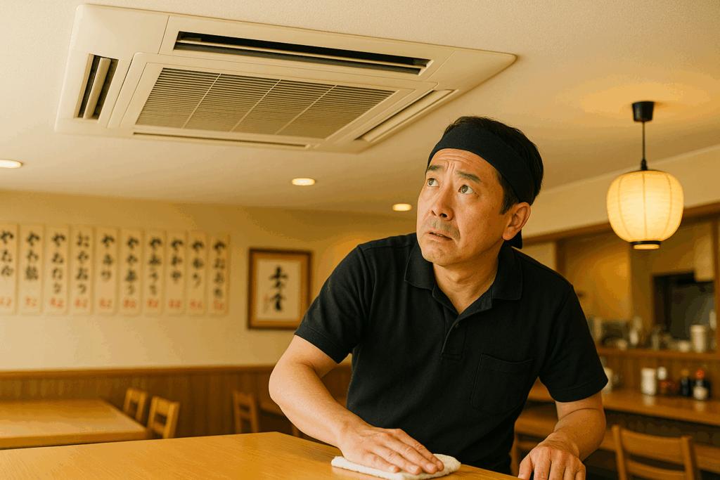 店舗用エアコンが汚れてきたので心配げな店長
