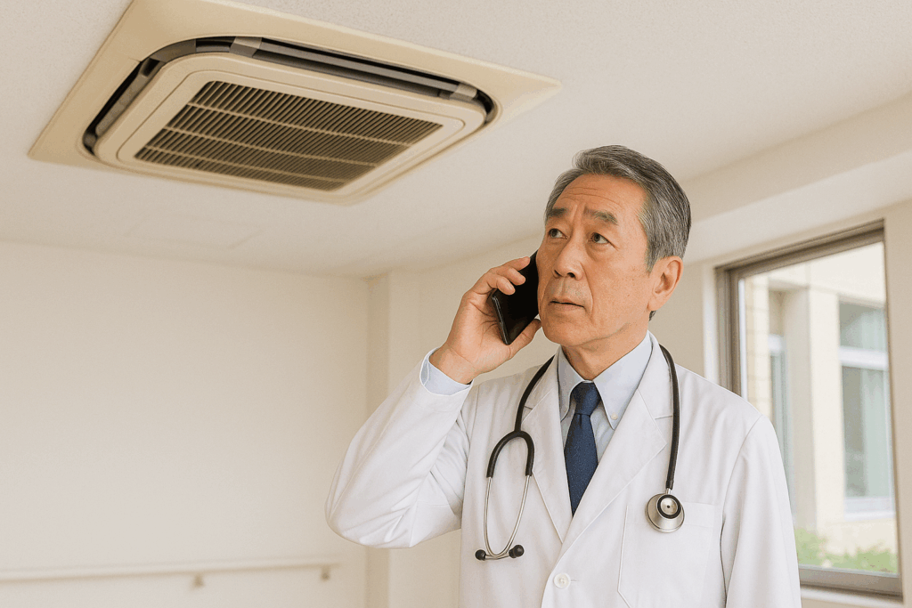 業務用エアコンの汚れ等が気になり、エアコンを見上げながら専門業者へ電話をかけている院長