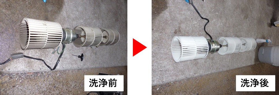 取外された厨房用エアコンの送風ファンの洗浄前後の比較画像