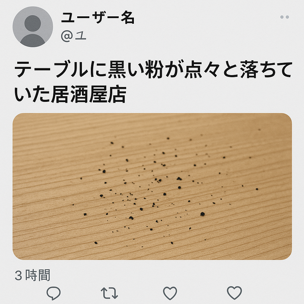 居酒屋店舗内のテーブルに広がっていた、小さく黒い粉上の汚れ
