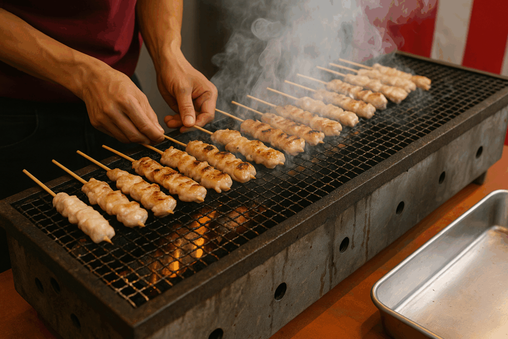 焼き台で焼き鳥を焼いているが、油脂分を含んだ煙が巻き上がっている。