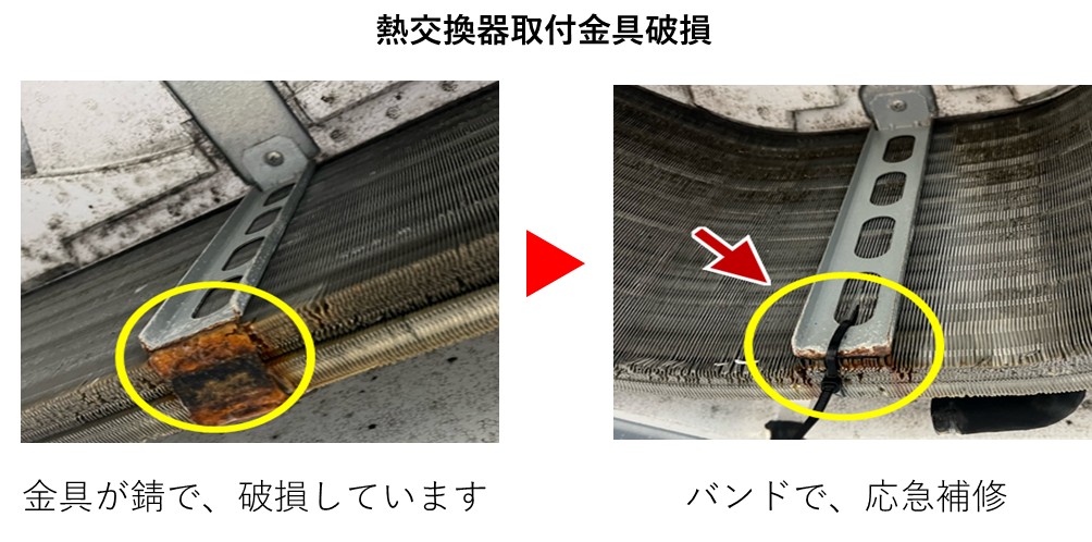 エアコン内部の熱交換器取付金具の腐食状態