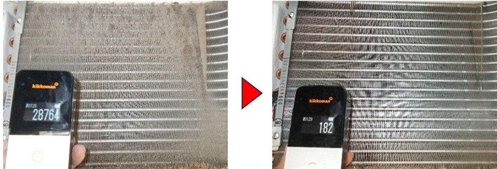 汚れている熱交換器の表面と洗浄された後の熱交換器の表面比較。汚れテスターの数値比較ではっきりと視認性がでている
