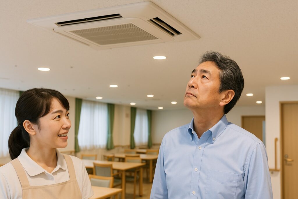 職員にエアコンの効きを調べてほしいと言われて、業務用エアコンを見つめている施設長