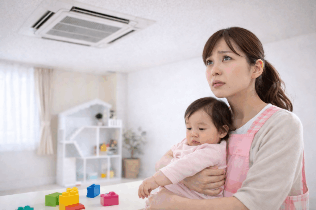 エアコンが効かず暑い室内で子どもを抱いて不安そうに見上げる保育士