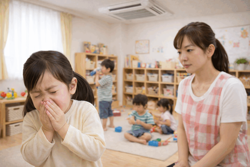 保育園の教室でくしゃみをする女の子の園児を保育士が見守っている 天吊り型エアコンのある教室