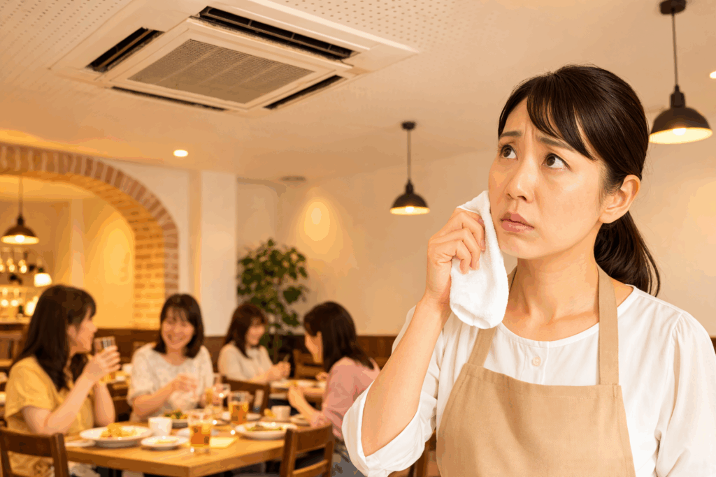 レストラン店舗内で天井カセット型エアコンの効きが悪く、暑さに困っている飲食店オーナーと食事中の女性客