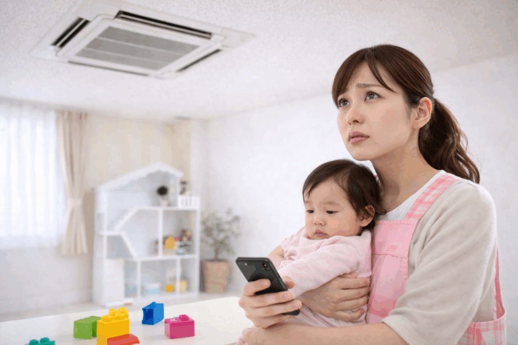 保育園の室内でエアコンが効かず不安を感じる保育士と赤ちゃん