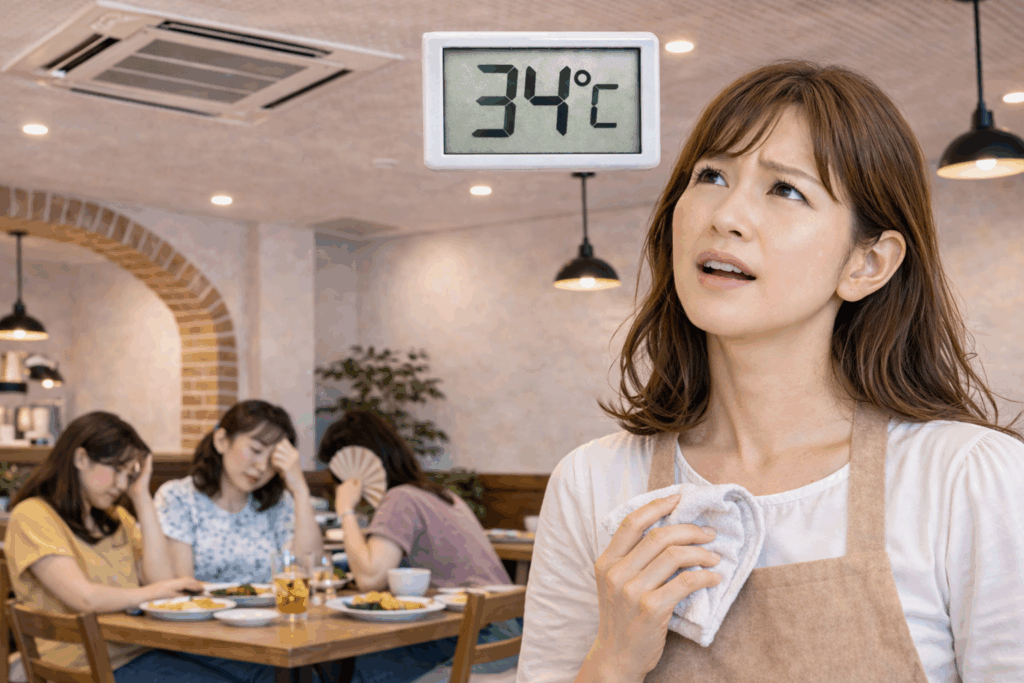 業務用エアコンが動いているのに冷えず、34℃の店内で困る飲食店オーナーと暑さで不快そうな客
