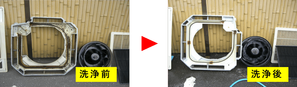 業務用エアコンの外装パネルとファンの洗浄前後、汚れが除去されている状態