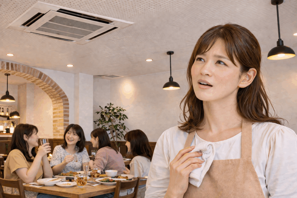 業務用エアコンの不調症状（臭い・冷えない・水漏れ・風が出ない）に悩む女性