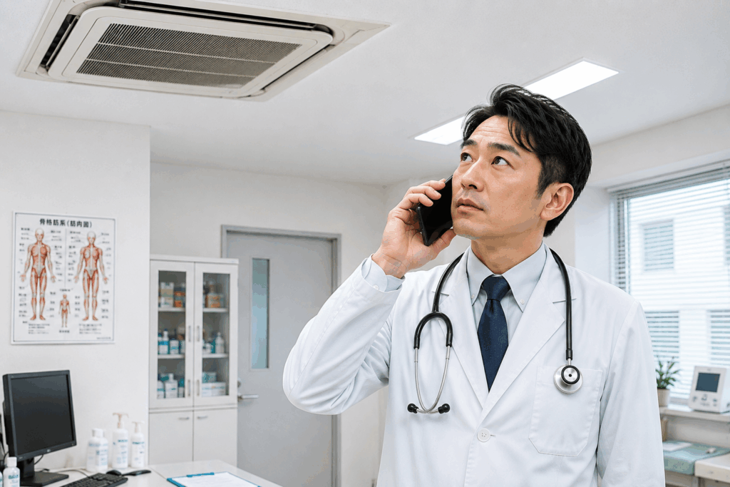 診療室で40代の院長が天井の業務用エアコンを見上げながら電話している様子