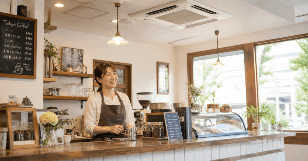 福岡市の喫茶店 女性オーナー カウンター内 天井カセットエアコンと明るく快適な店内