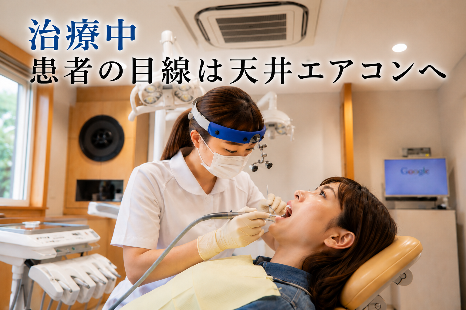 歯科医院で治療中の患者が天井エアコンを見上げている様子