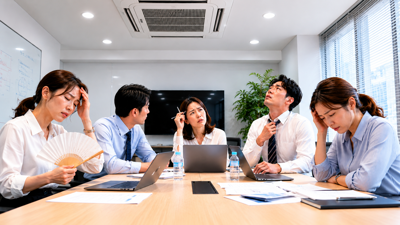会議室で暑そうな表情を見せる社員たちと天井埋込型業務用エアコン