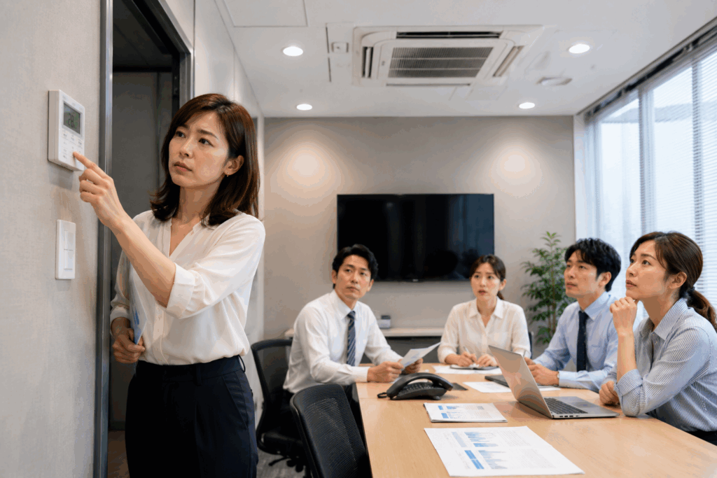 会議室で業務用エアコンのリモコンを操作する女性社員と打ち合わせ中の社員たち