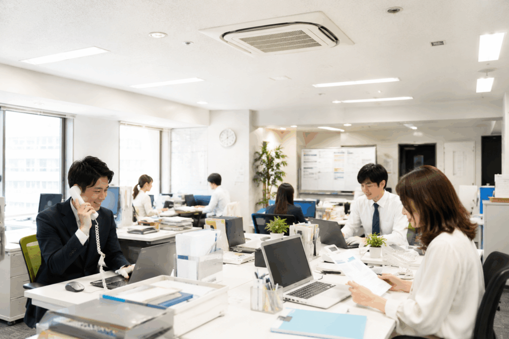 営業事務所でパソコンや書類を使い業務を行うスタッフと天井埋込型業務用エアコン