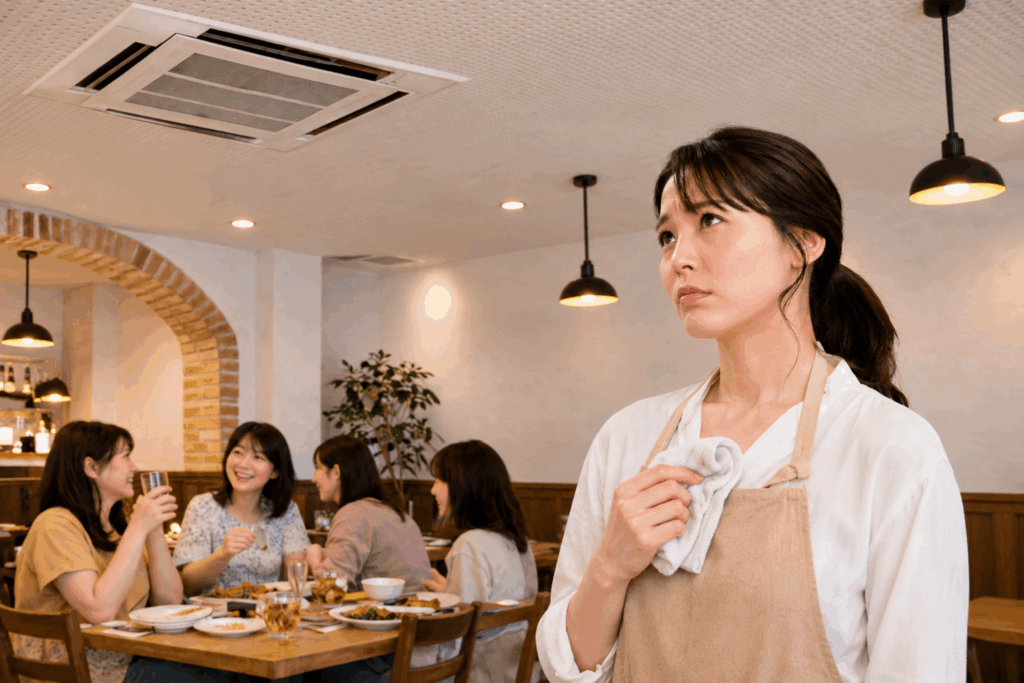 飲食店オーナーの女性スタッフが、店内の天井エアコンを心配そうに見上げている様子