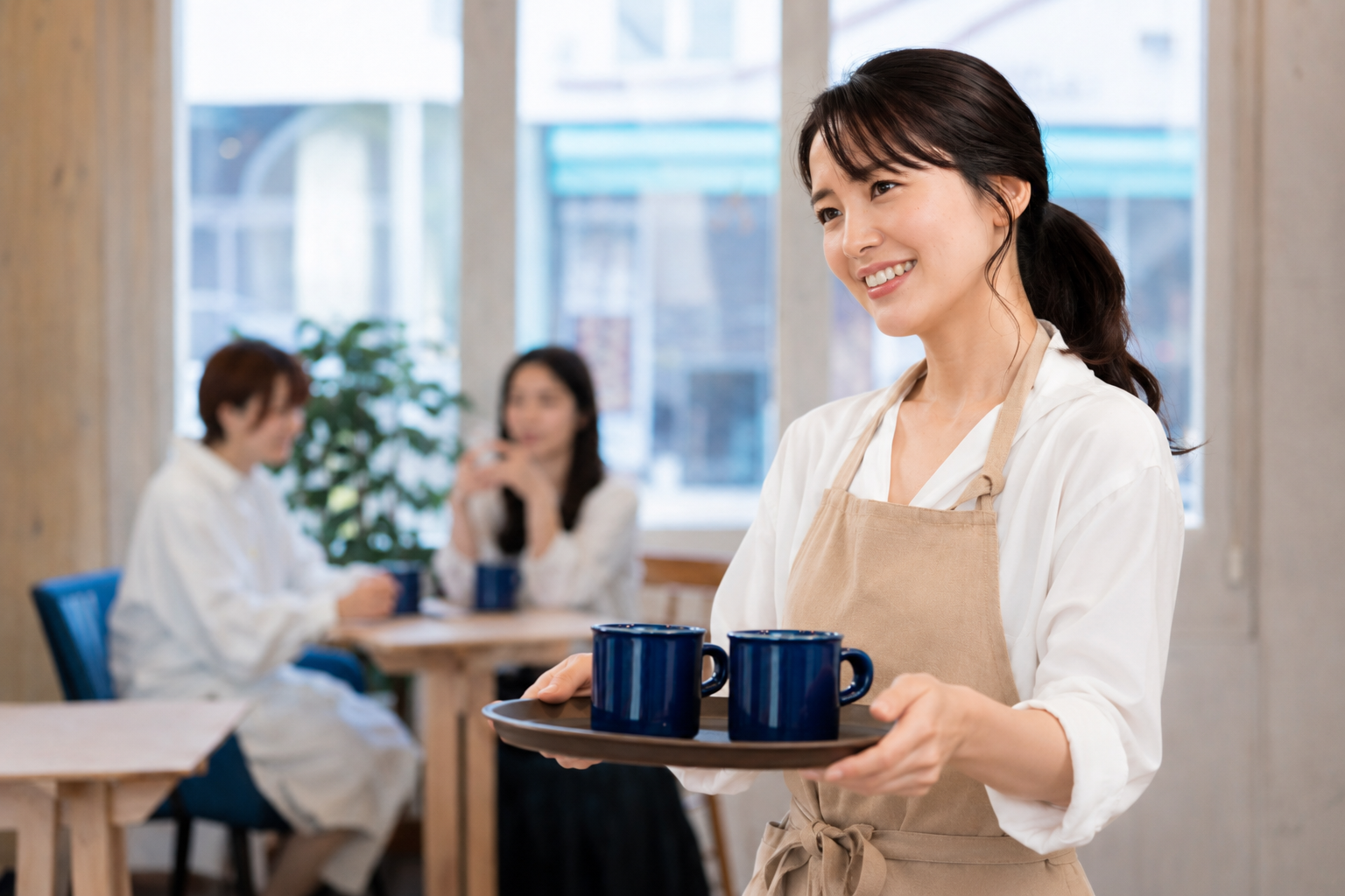 飲食店で女性スタッフが笑顔でドリンクを配膳している様子と快適な店内空間イメージ