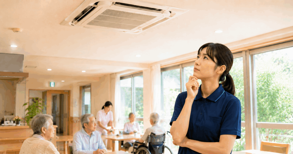 介護施設の共有スペースで天井エアコンを見上げながら空調環境を気にする女性介護士