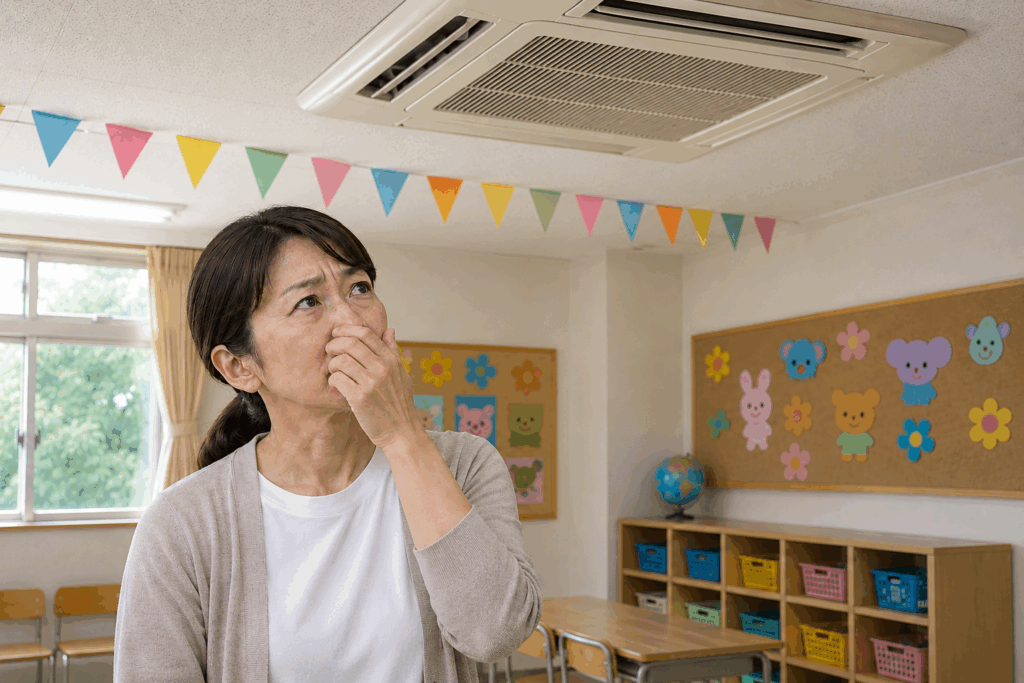 幼稚園教室で業務用エアコンの臭いに悩み天井のエアコンを見上げる園長