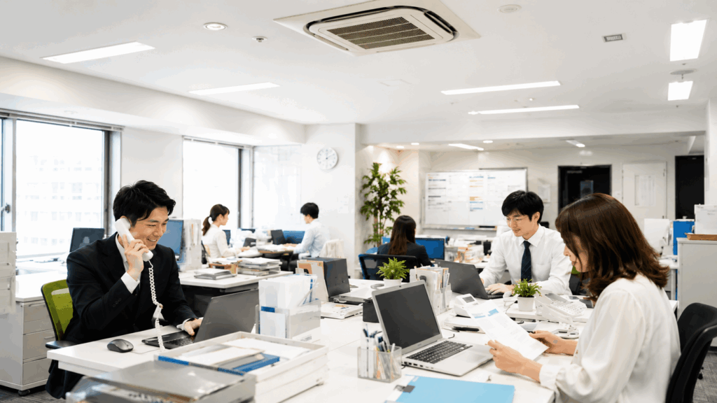 オフィスの天井に設置された天井カセット形4方向吹出し業務用エアコン