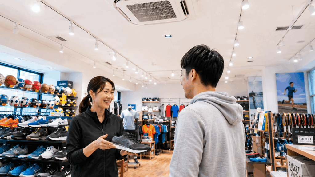 スポーツ用品店の店内に設置された天井カセット形業務用エアコン