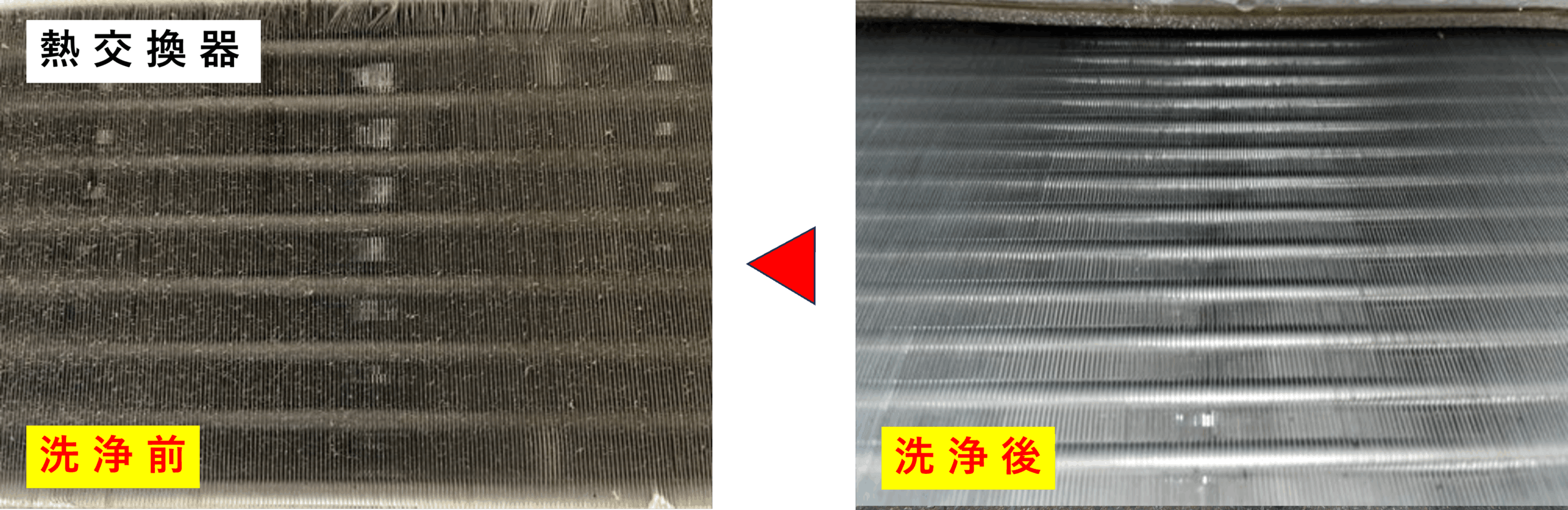 業務用エアコンの熱交換器を完全分解洗浄した前後を比較した写真