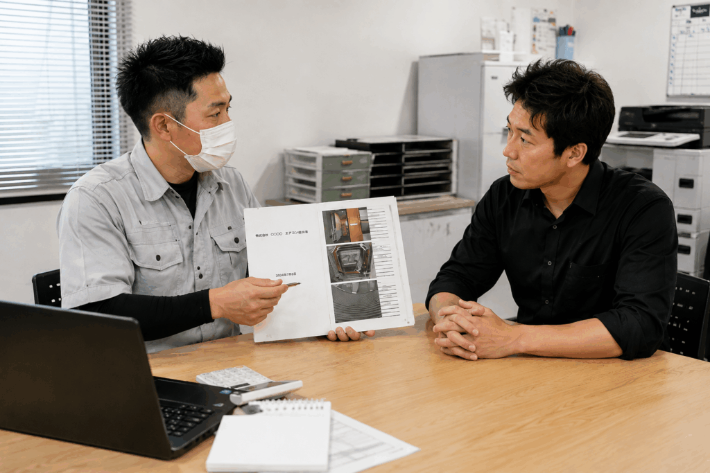 事務室で業務用エアコンの点検報告書を使って男性に説明する作業員