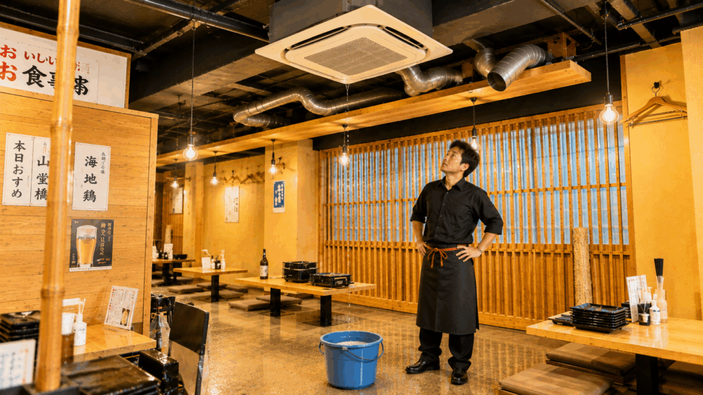居酒屋の業務用エアコンから水漏れしバケツで水滴を受けている様子