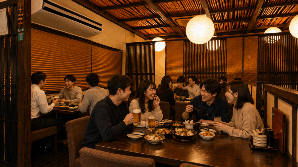 天吊り型業務用エアコンが設置された居酒屋で、お客様が料理と会話を楽しんでいる店内の様子