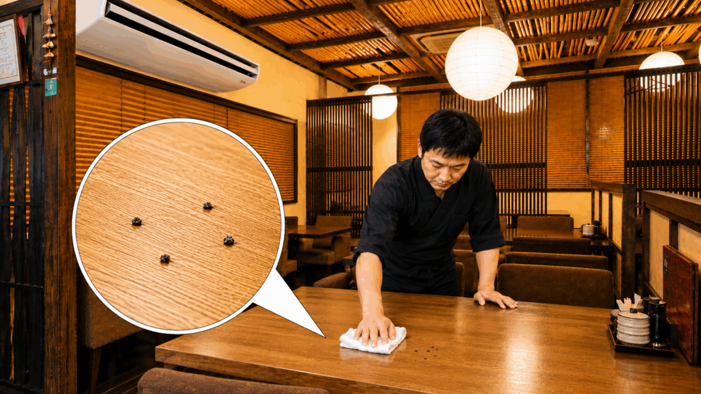 開店準備中の居酒屋で、天吊り型業務用エアコンの下にあるテーブルを拭き掃除する40代男性店長