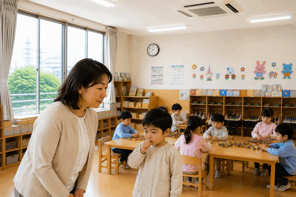 園児を見守りながら教室環境について考える幼稚園の女性園長