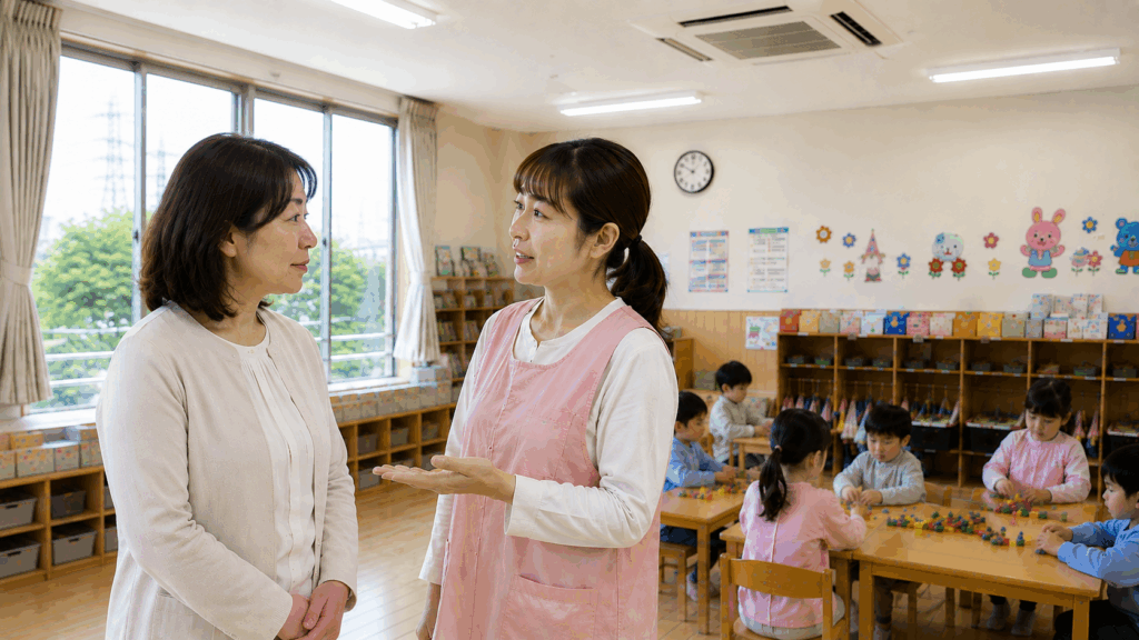 幼稚園の教室で保育士からエアコンクリーニングの提案を聞く女性園長