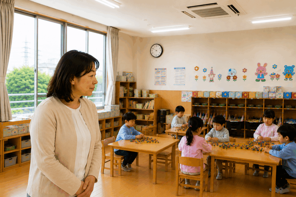 教室で遊ぶ園児たちを見守る幼稚園の女性園長