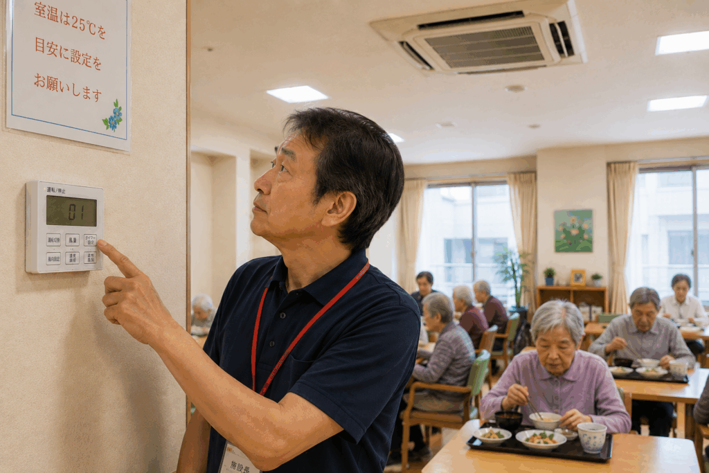 介護施設の食堂で停止した業務用エアコンのリモコンに表示されたエラーコード01を確認する施設長