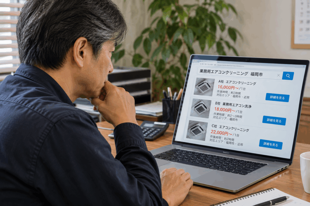 福岡市で業務用エアコンクリーニングの料金と業者を比較する男性